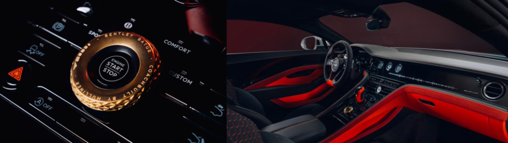 À gauche, l'intérieur de la Mulliner Batur, zoomé sur le engine start and stop personnalisée avec de l'or 18 carats. À droite, l'intérieur de la Mulliner Batur avec une vue d'ensemble sur son design, et à quoi ressemblera les électriques Bentley.